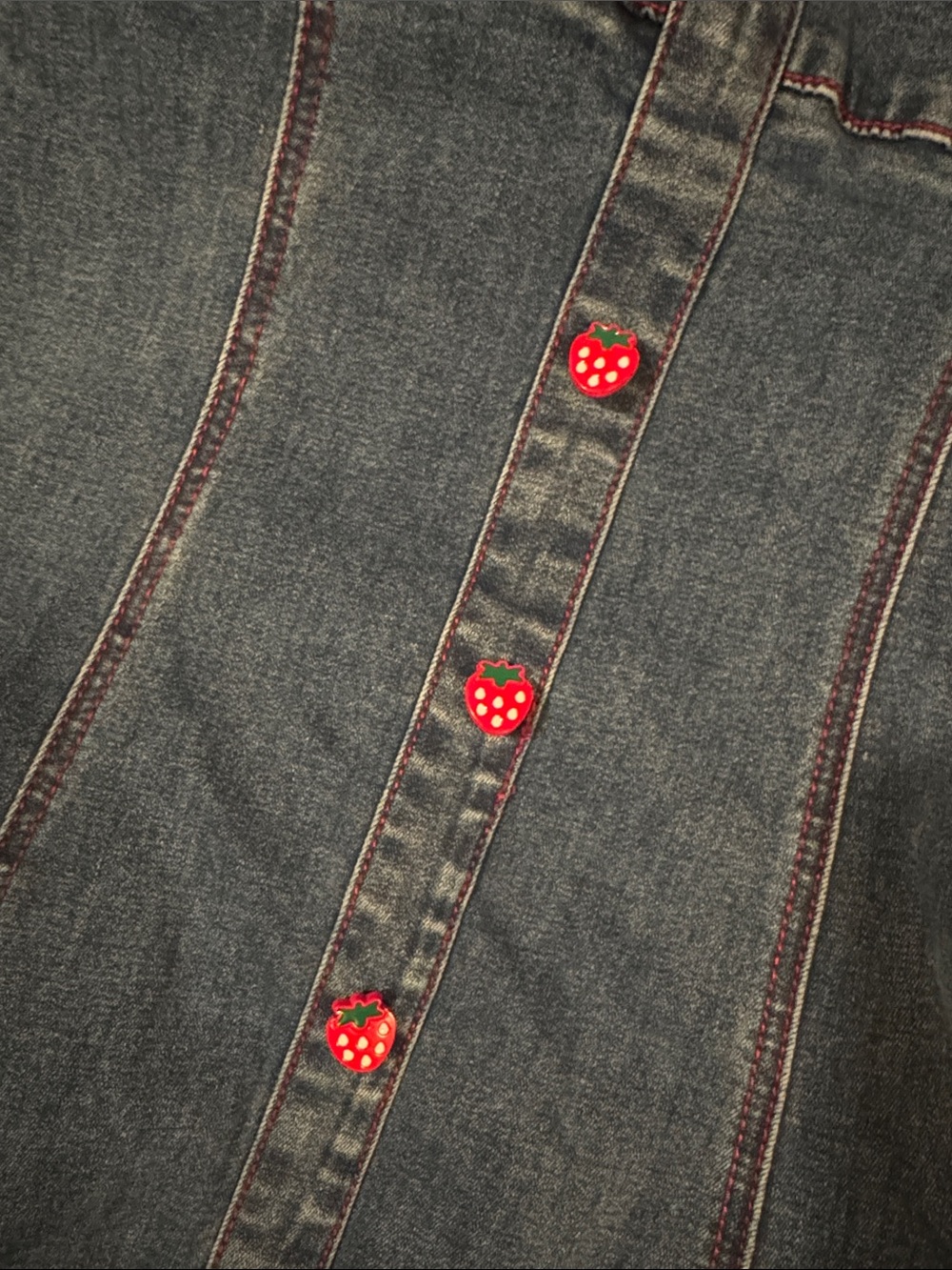 Denim Strawberry Button-Front Mini Dress - Picture 3 of 5